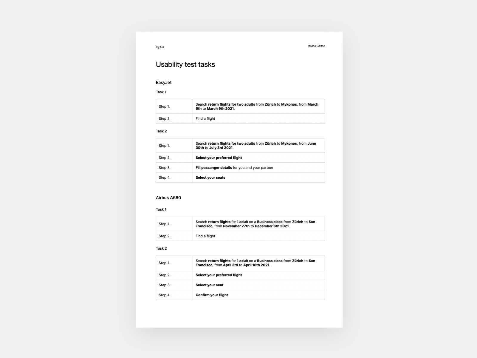 Usability test tasks